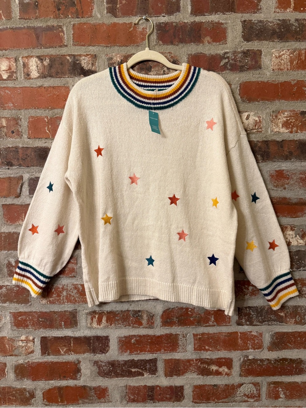 S78 - Maurices Cream Crewneck Sweater with Multicolor Star Embroidery
